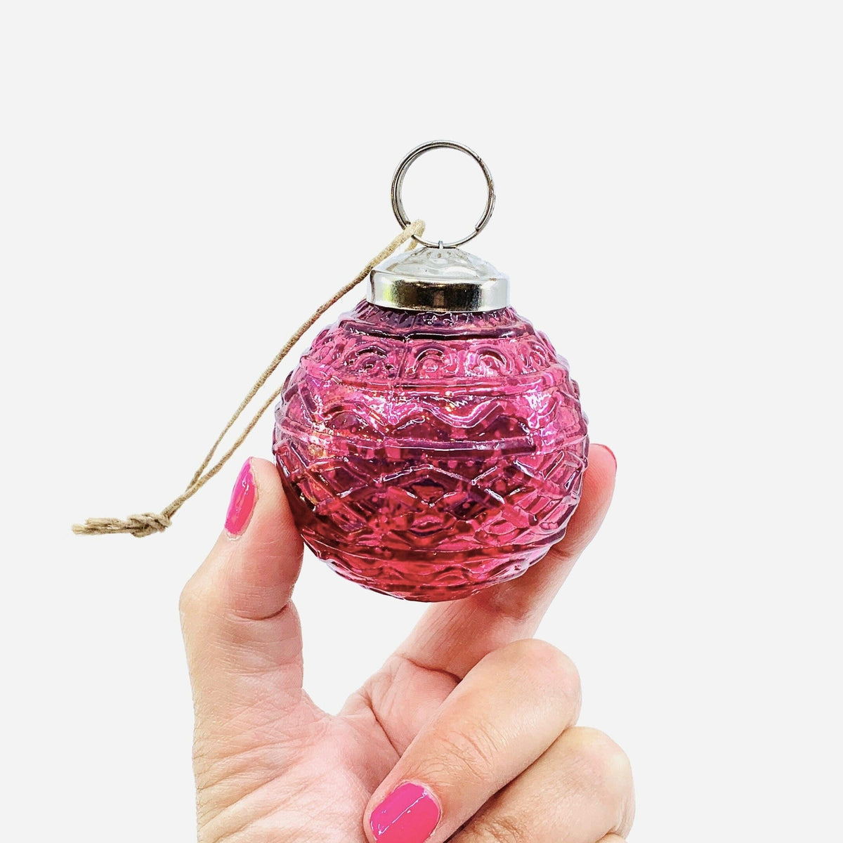 Mercury Glass Embossed Ornament, Pink India House Brass 