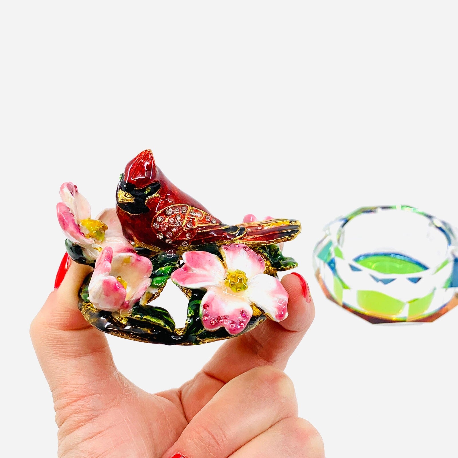 Crystal and Bejeweled Enamel Jewelry Box 32 - Cardinal with Dogwood Decor Kubla Craft 