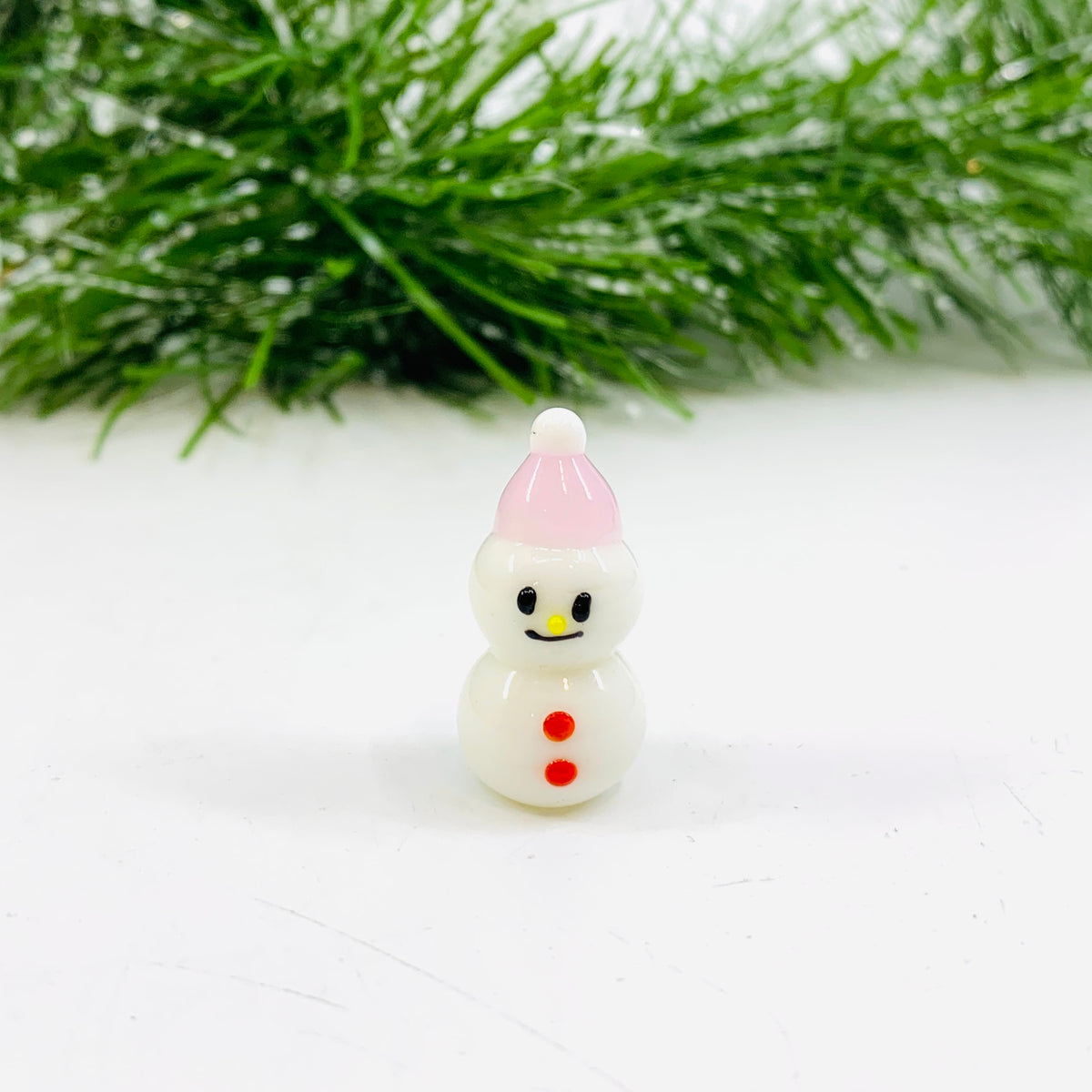 Tiny Christmas Figurine Pink Hat Snowman