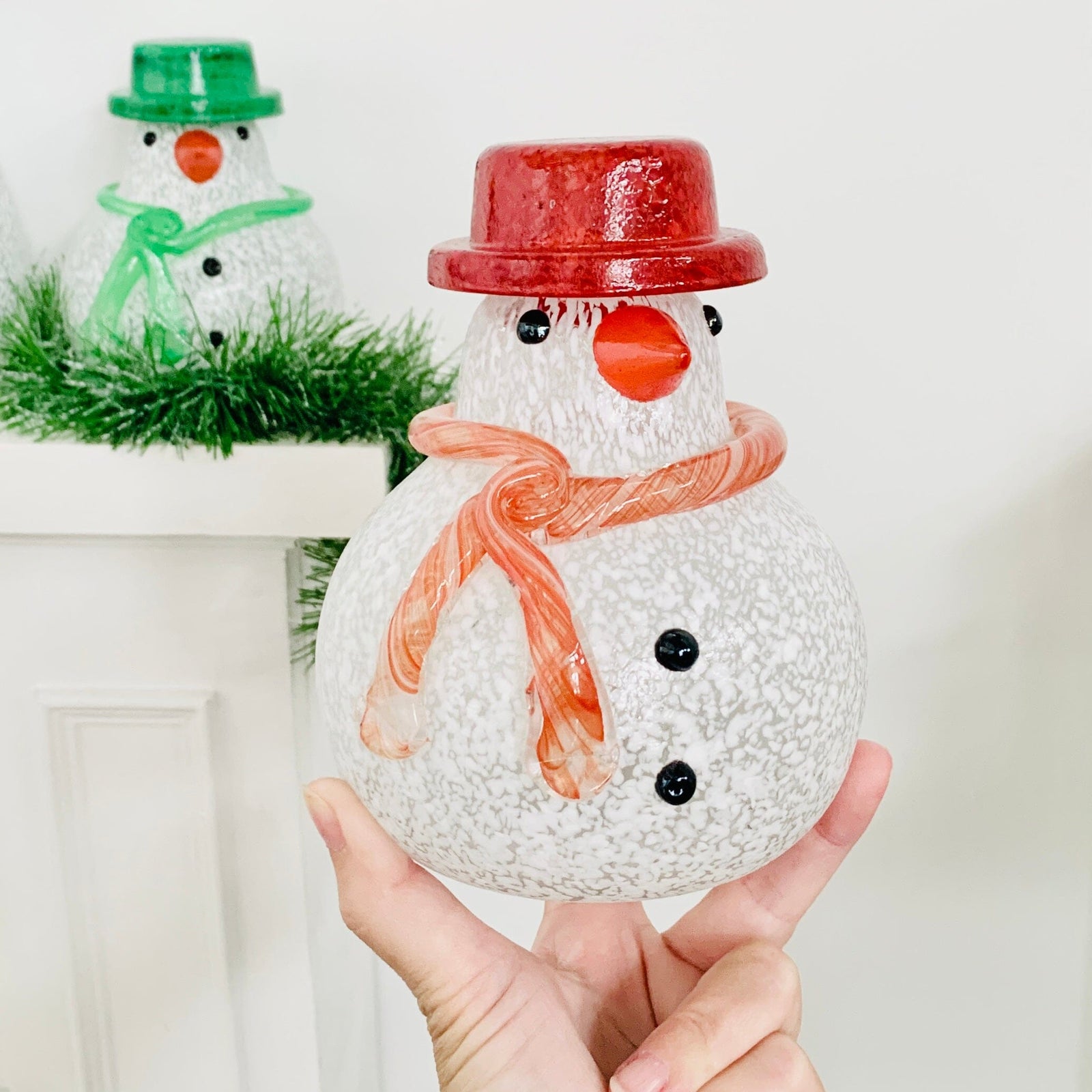 Blown Glass Snowman - Red Scarf Diamond Star Medium 