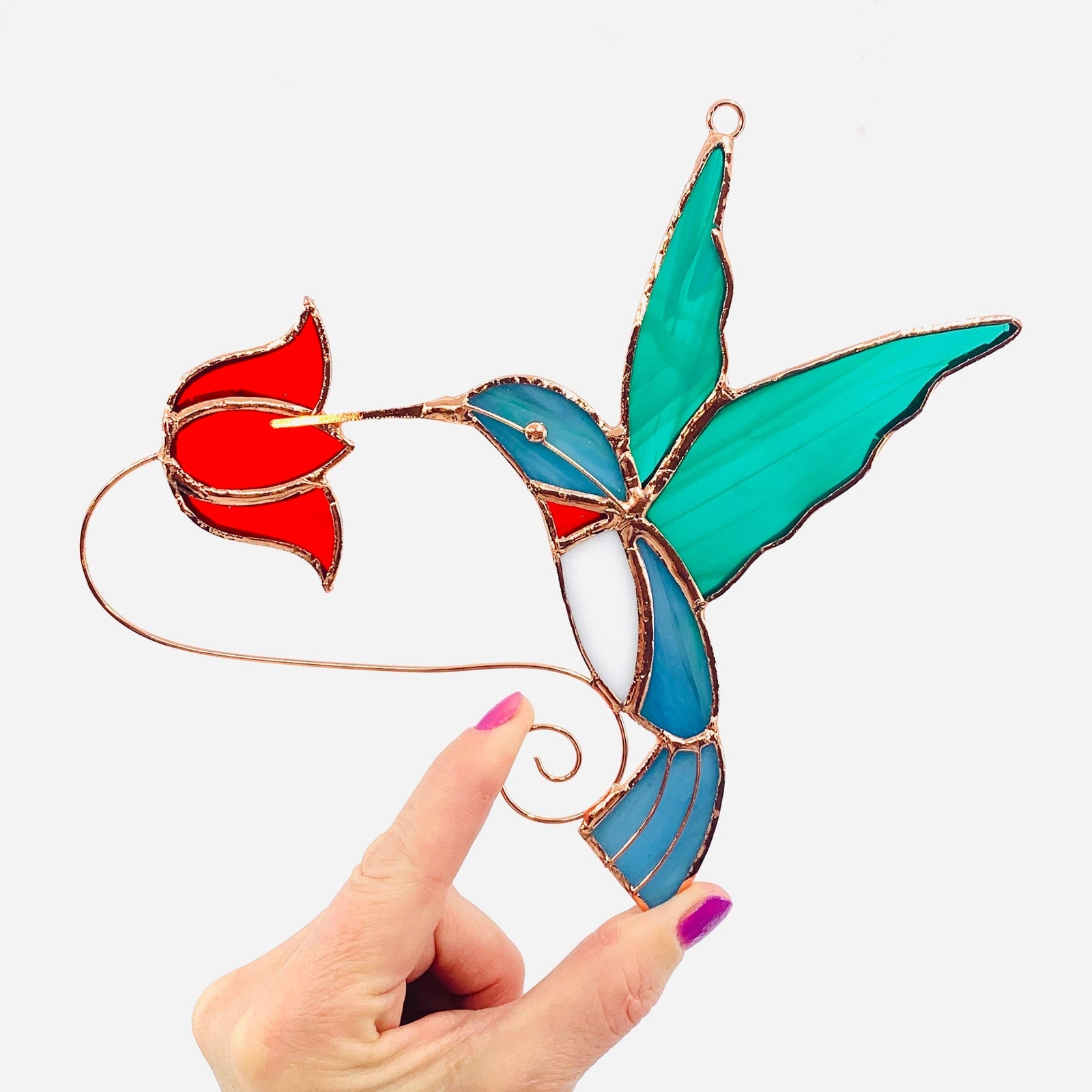 Stained Glass Suncatcher, Hummingbird Red Flower Ornament Gift Essentials 