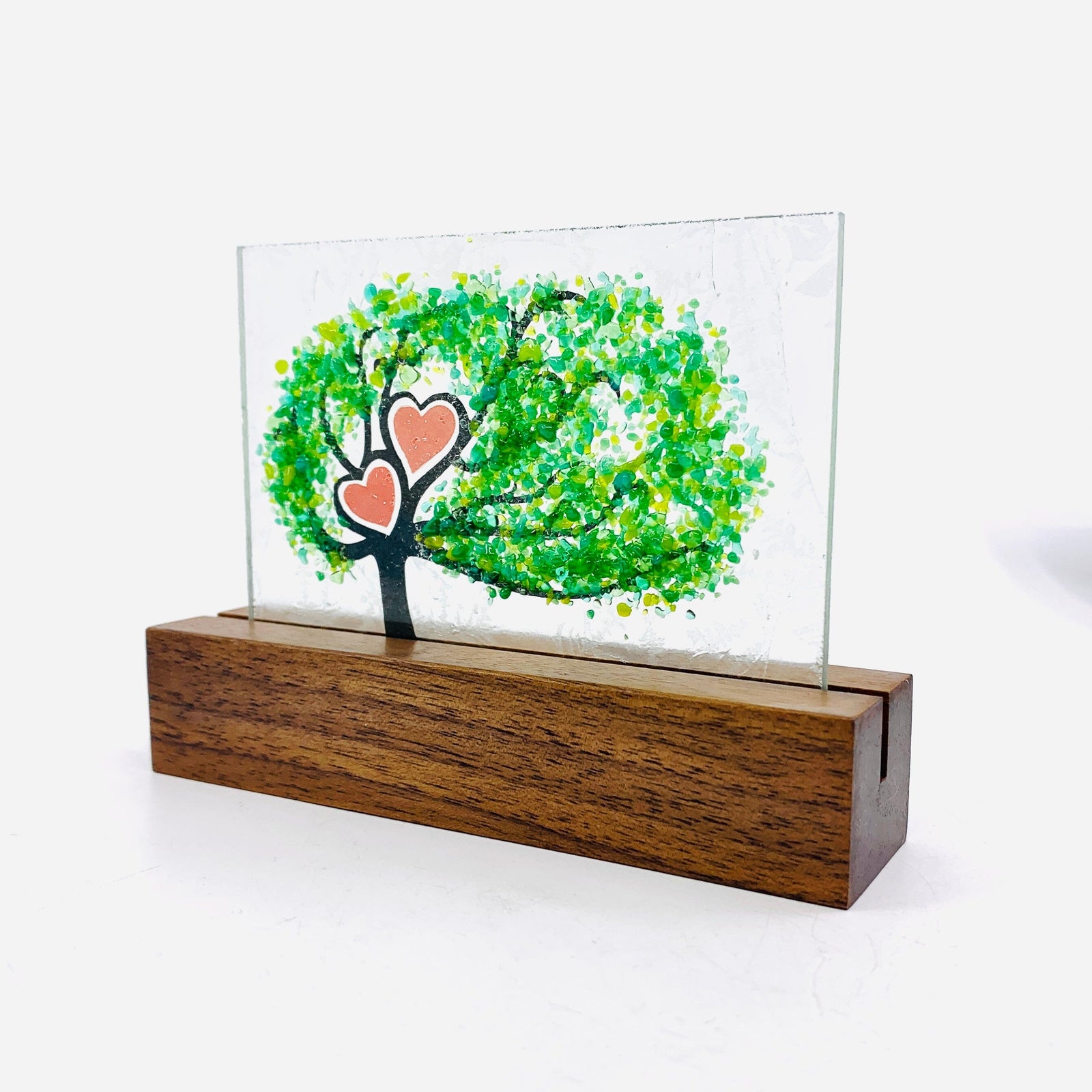 Fused Glass Love Hearts Card with Stand, Green Decor Glimmer Glass Gifts 