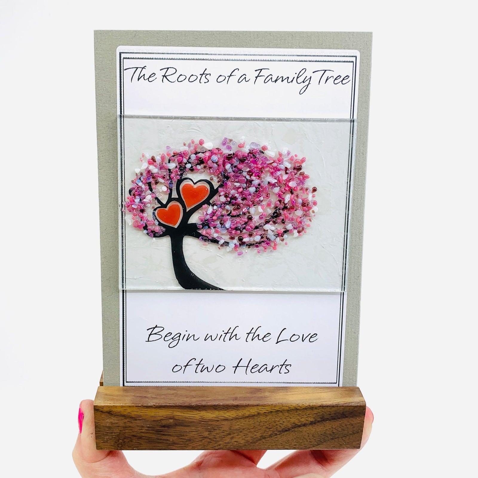 Fused Glass Love Hearts Card with Stand, Pink Decor Glimmer Glass Gifts 