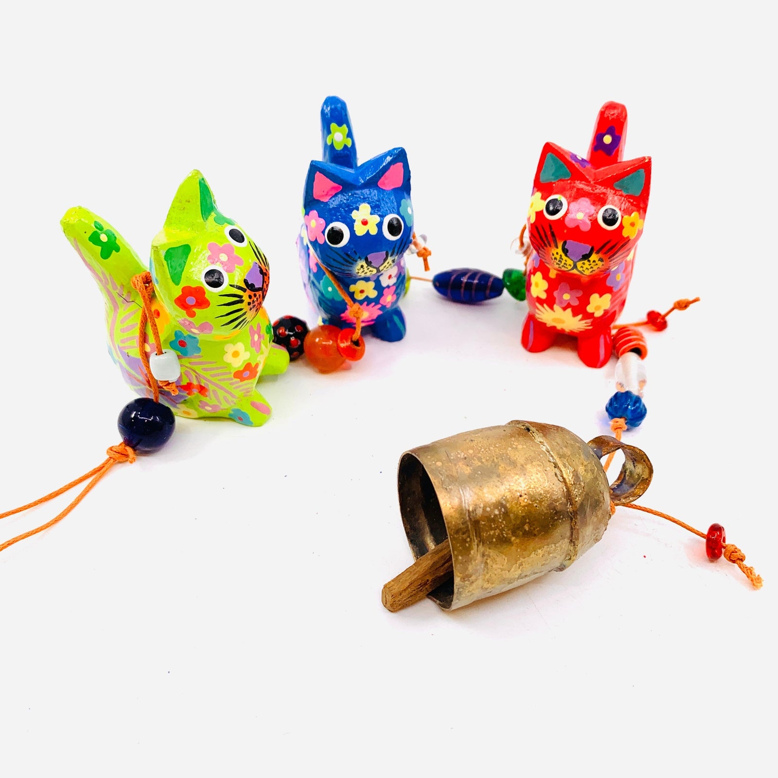 Hand Painted Wooden Cat Glass Bead Garland with Bell Decor MOKSHA 