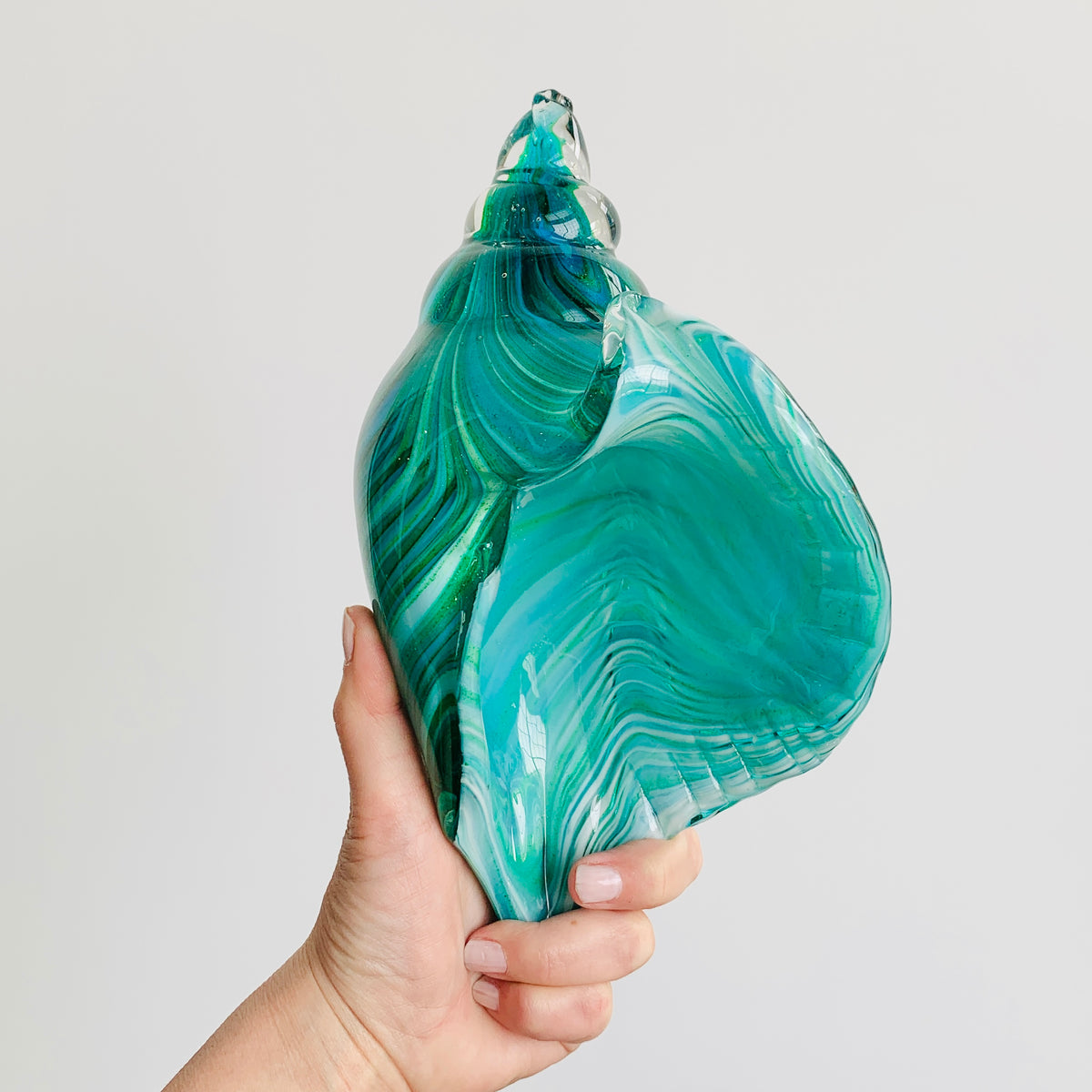 Teal Stripe Glass Conch Shell