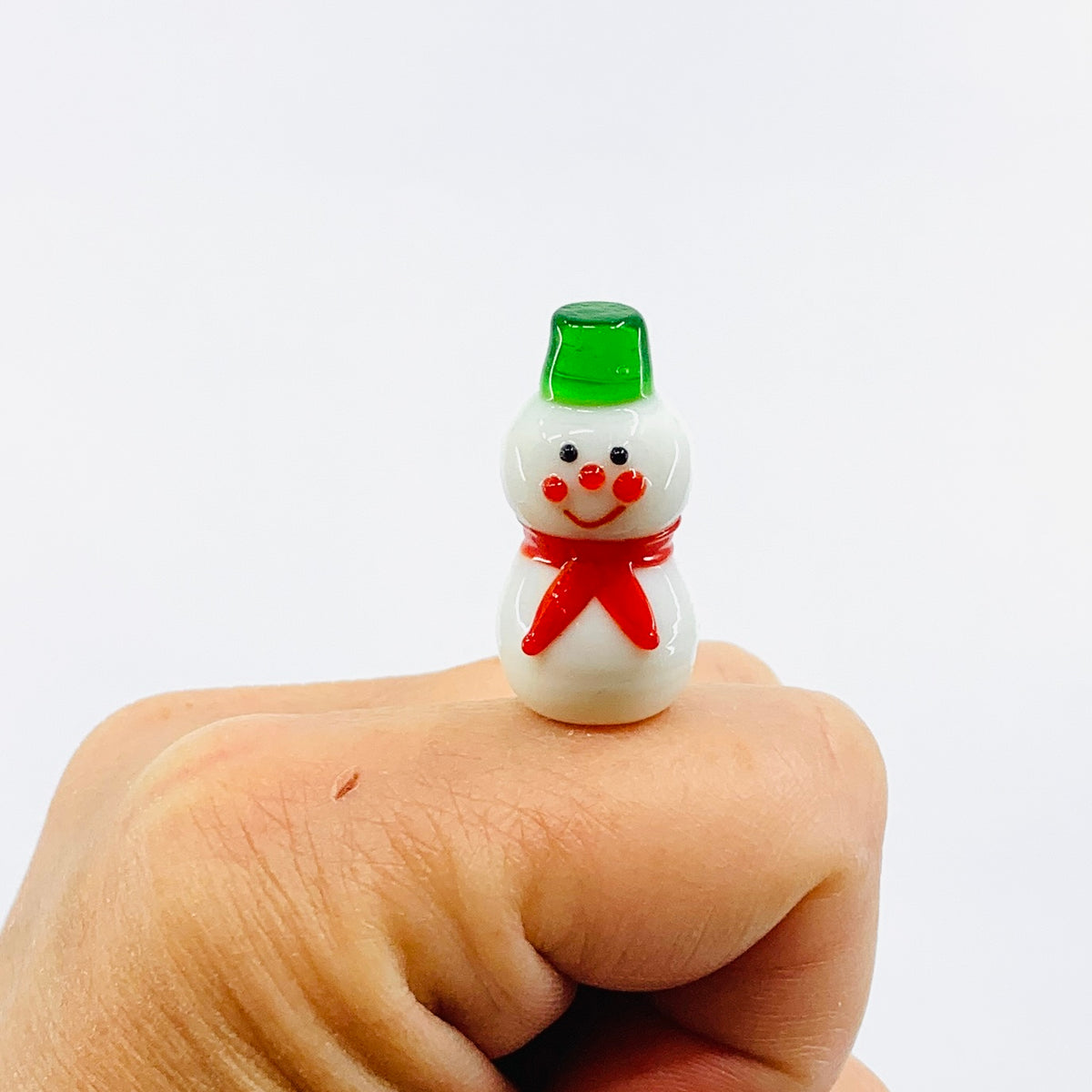 Tiny Christmas Figurine Green Hat Snowman