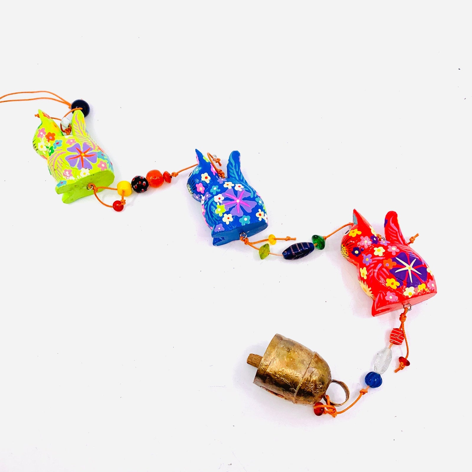 Hand Painted Wooden Cat Glass Bead Garland with Bell Decor MOKSHA 