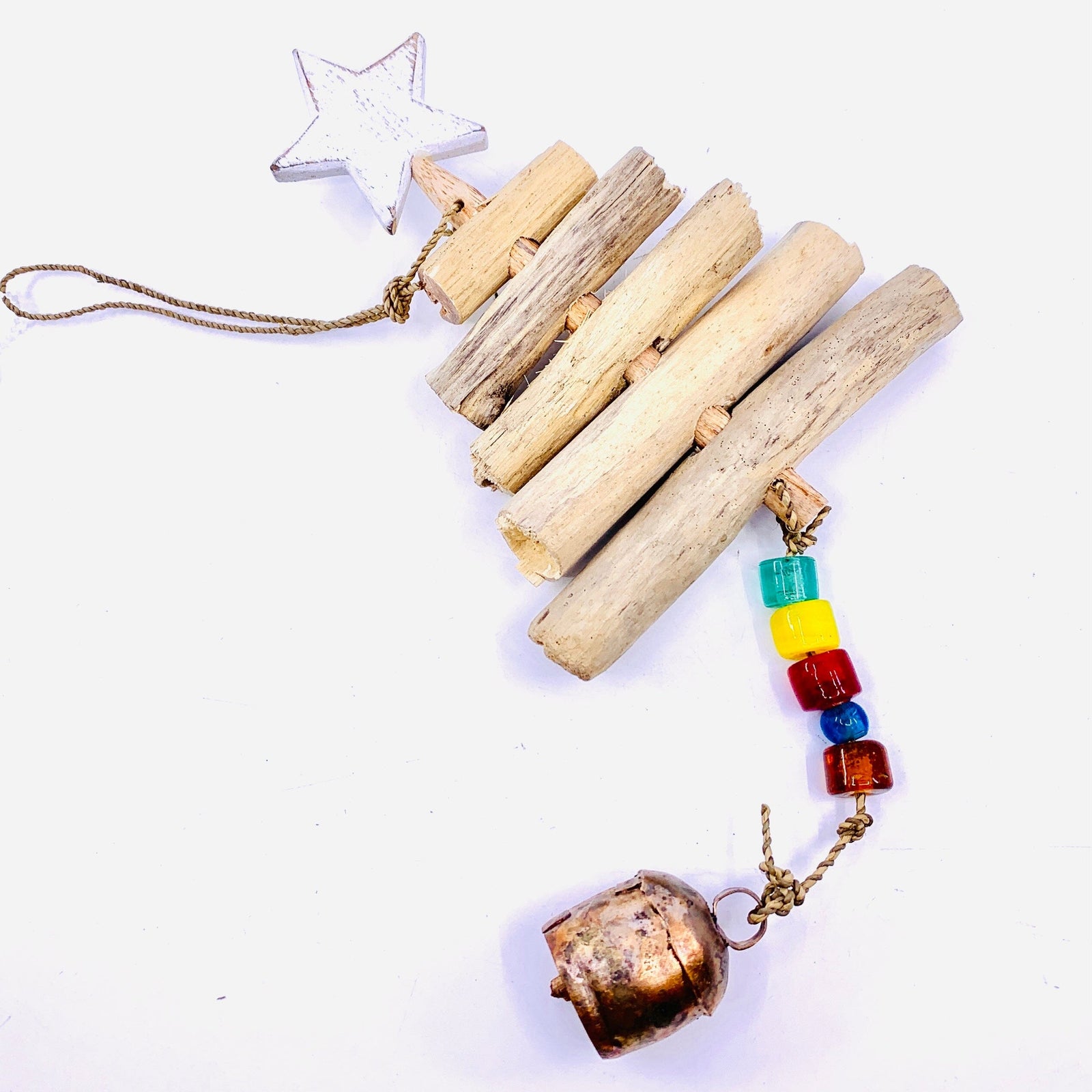 Wooden Christmas Tree Glass Bead Garland with Bell 17 Decor MOKSHA 