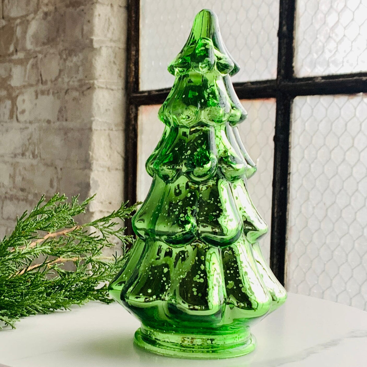 Mercury Glass Dimple Tree 4, Green Diamond Star 