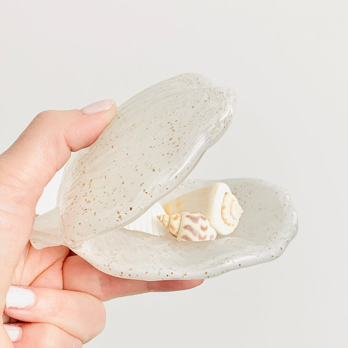 Glass Clam Shell, White with Gold Flecks Decor Beachcombers 