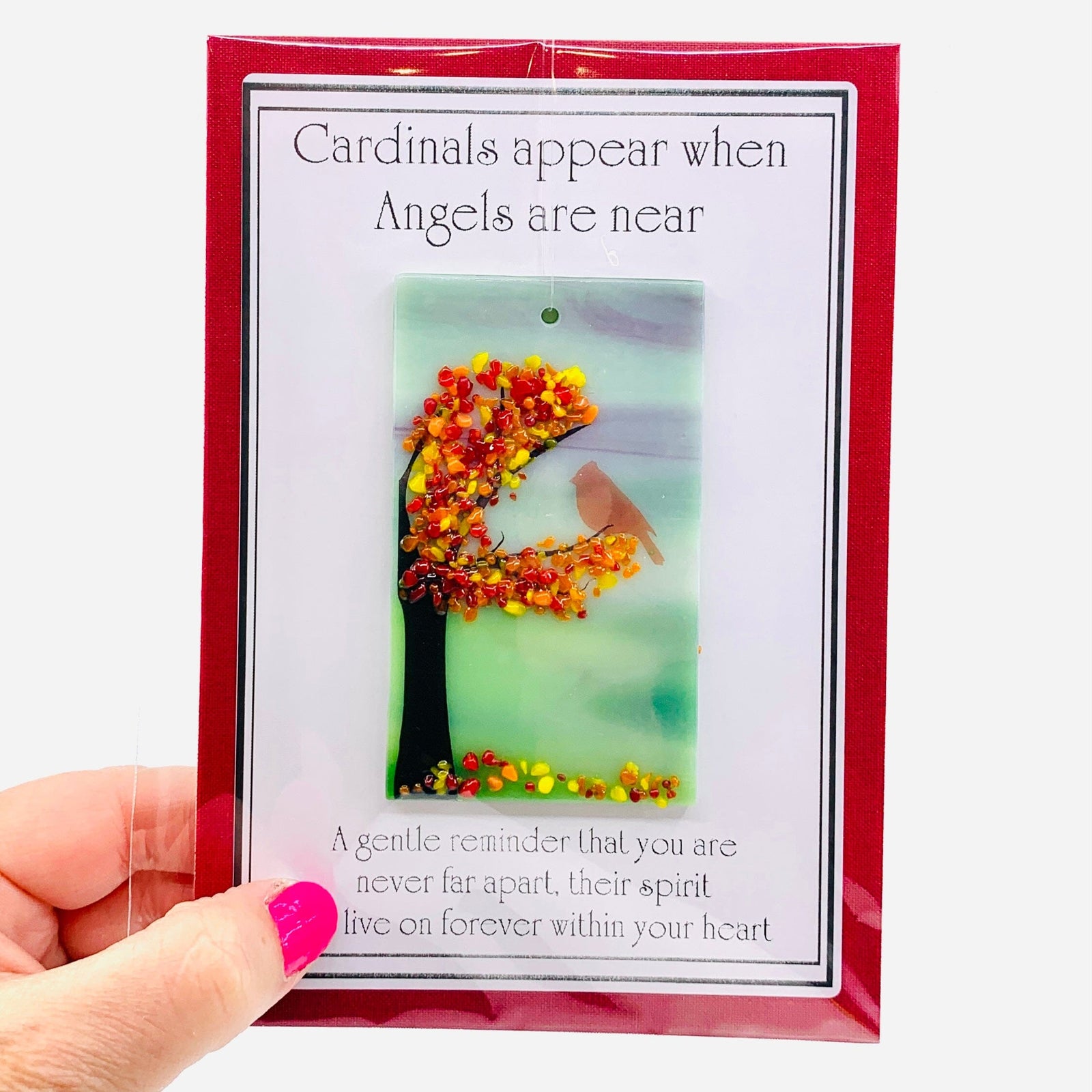 Fused Glass "Cardinals appear when Angels are near" Suncatcher 34 Decor Glimmer Glass Gifts 