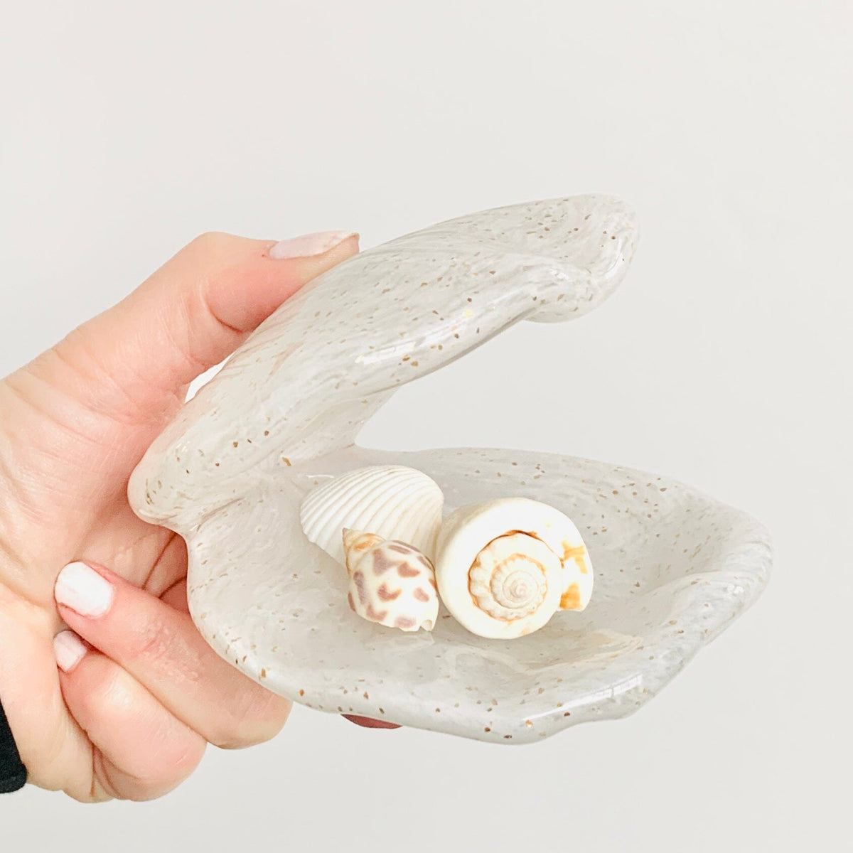 Glass Clam Shell, White with Gold Flecks Decor Beachcombers 