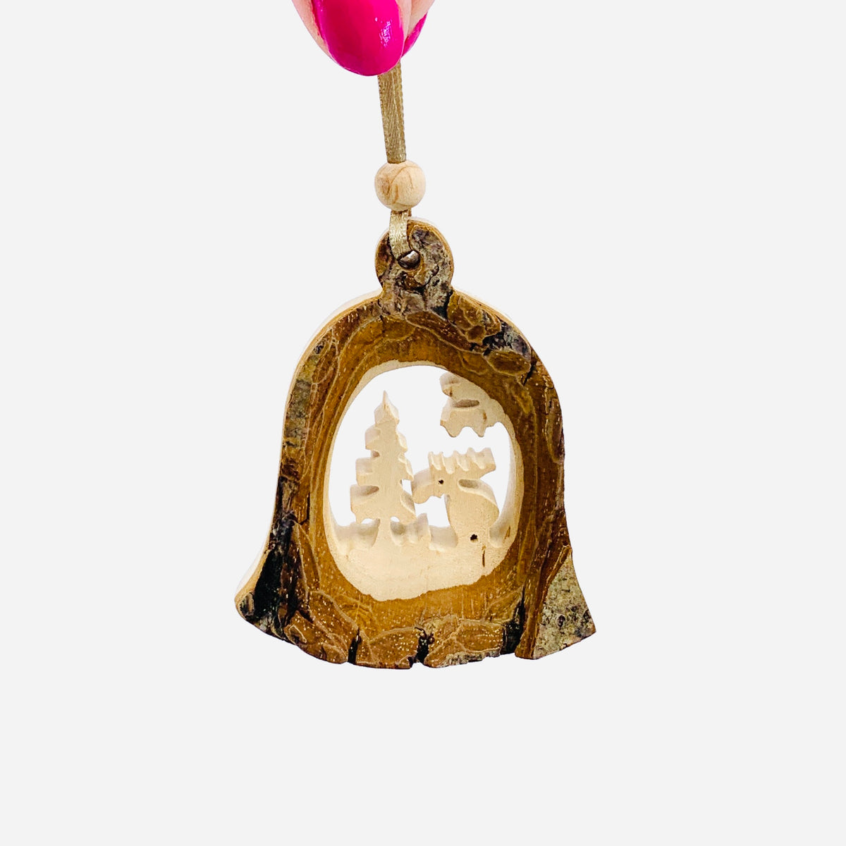 Hand Carved Bell Ornament with Woodland Scene 5