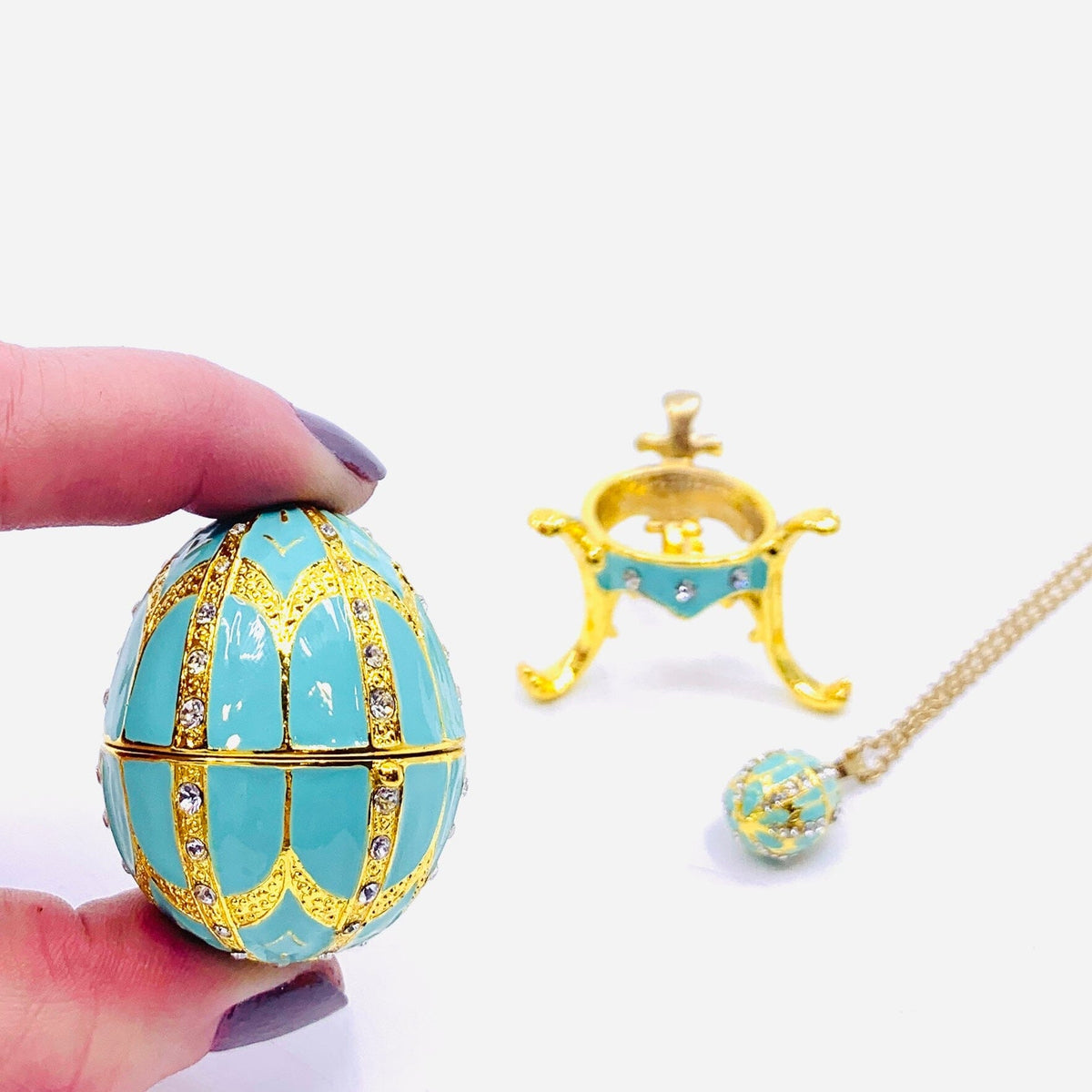 Bejeweled Enamel Trinket Box and Pendant 25, Turquoise Faberge Style Egg Decor Kubla Craft 