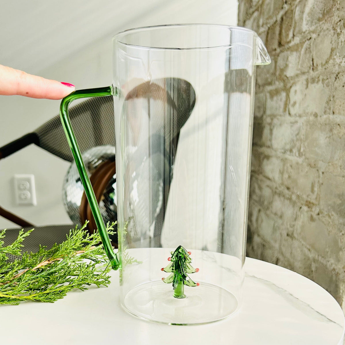 Glass Pitcher with Festive Tree Icon Decor Creative Co-Op 