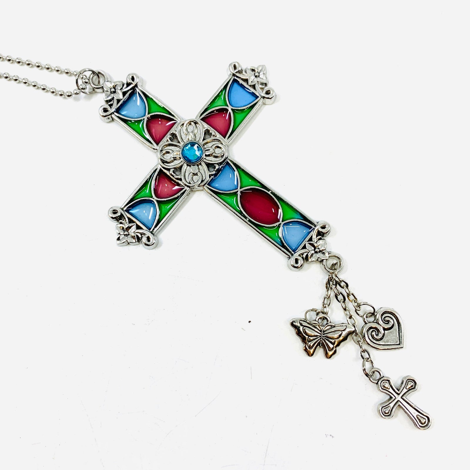 Stained Glass Cross Car Charm, Sky Blue Ornament GANZ 