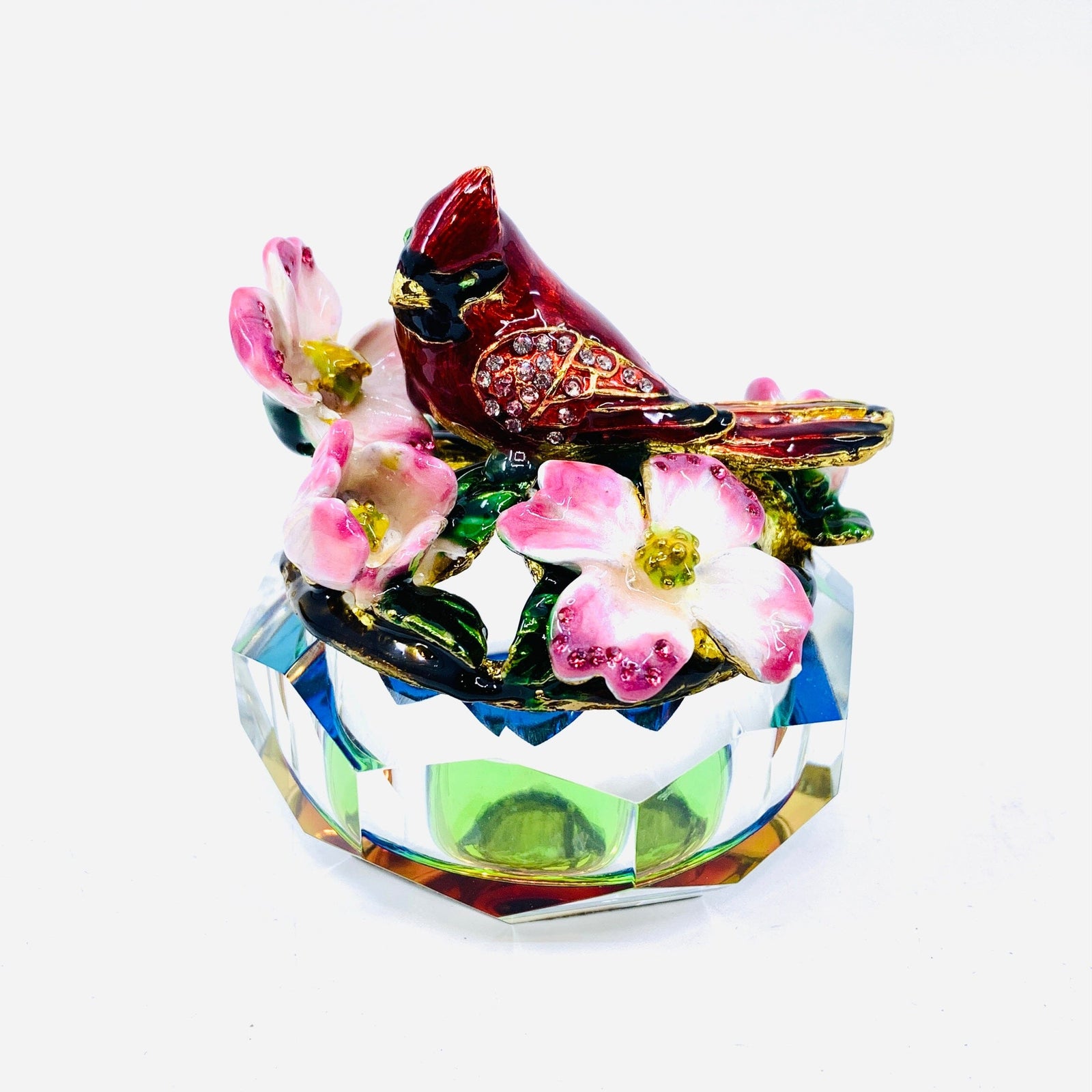 Crystal and Bejeweled Enamel Jewelry Box 32 - Cardinal with Dogwood Decor Kubla Craft 