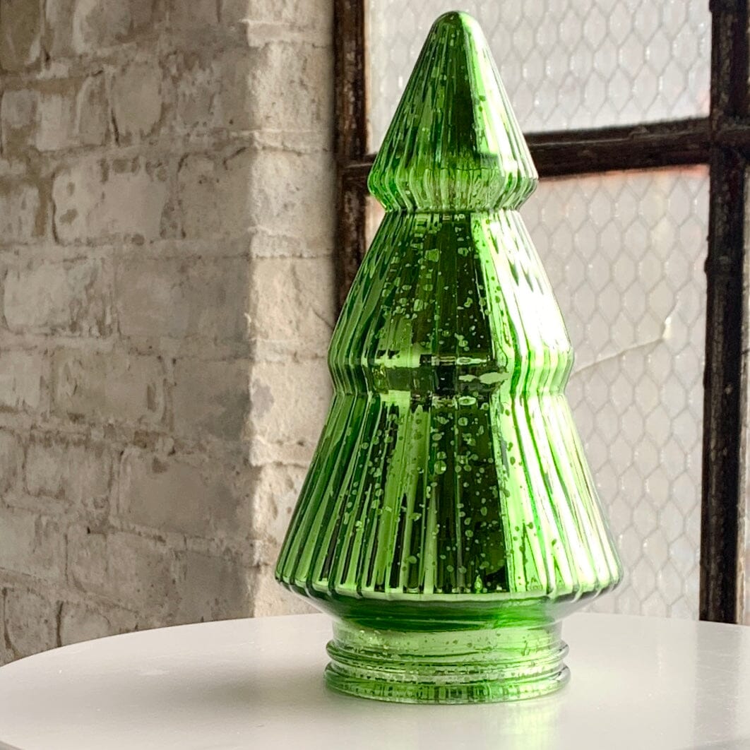 Mercury Glass Ribbed Tree 1, Green Diamond Star 