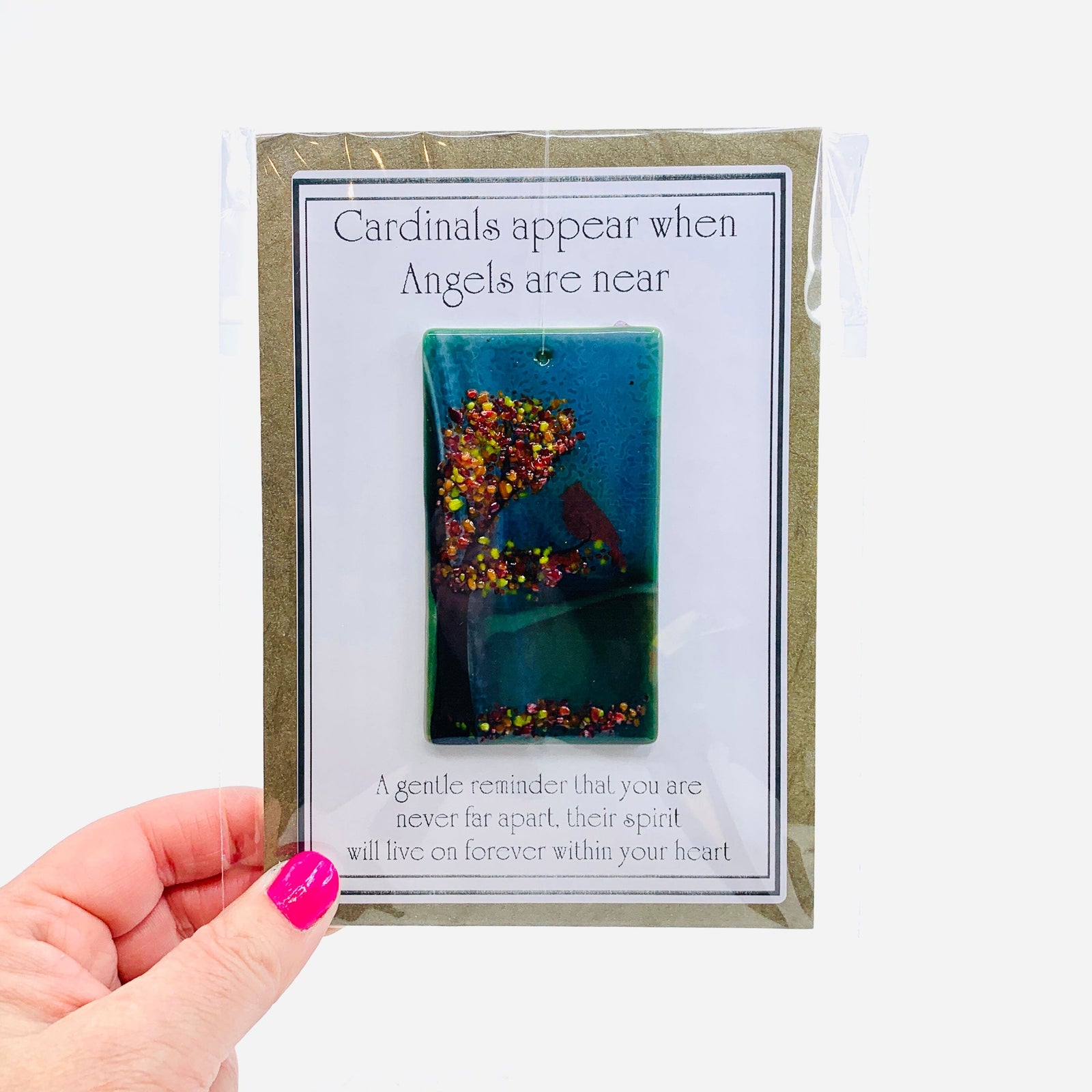 Fused Glass "Cardinals appear when Angels are near" Suncatcher 45 Decor Glimmer Glass Gifts 