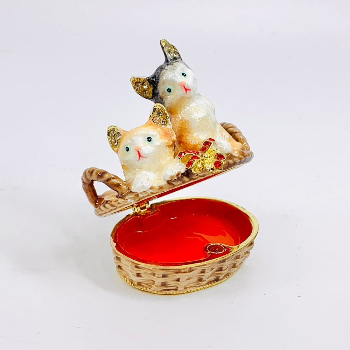 Bejeweled Enamel Trinket Box 34, Kittens in Basket Decor Kubla Craft 