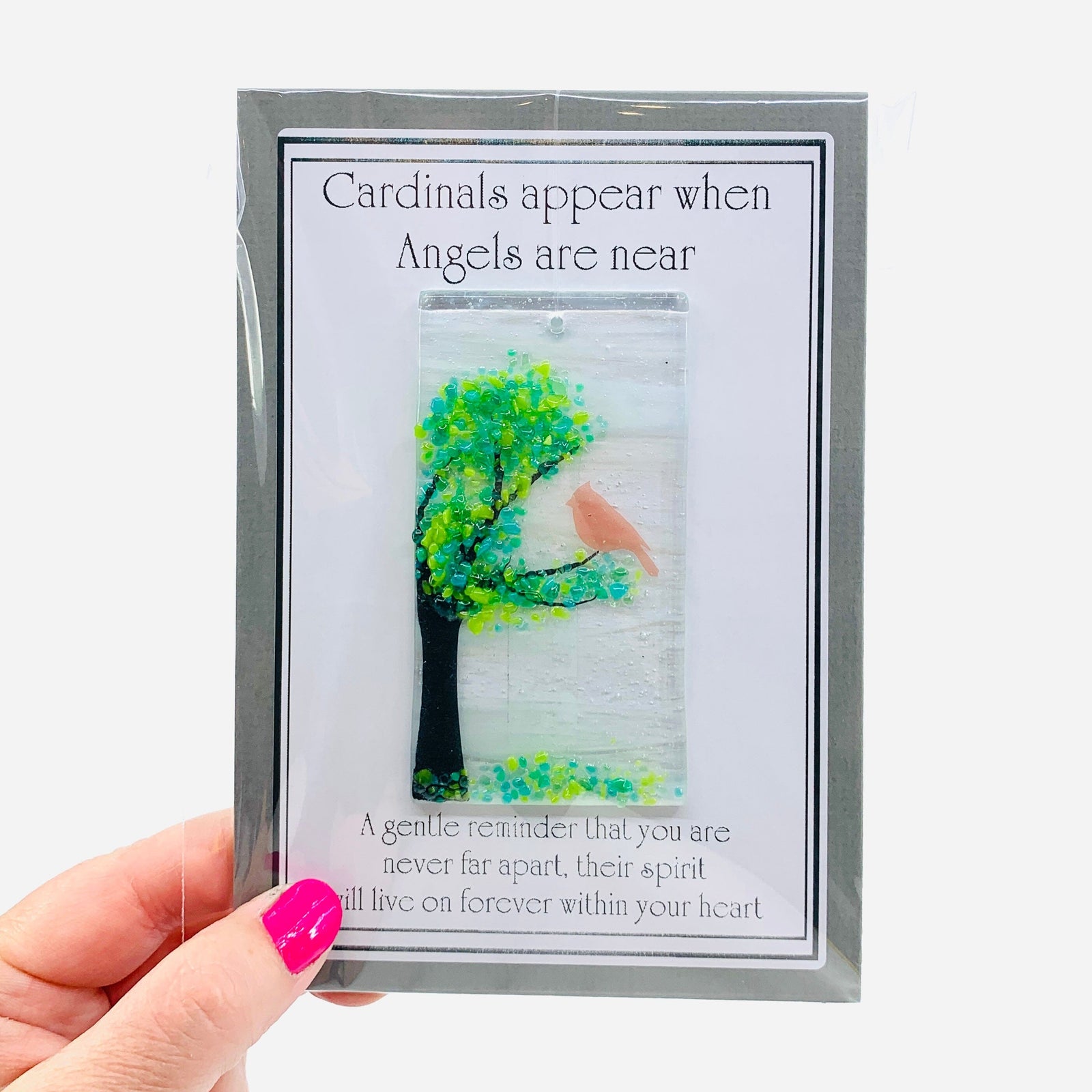 Fused Glass "Cardinals appear when Angels are near" Suncatcher 32 Decor Glimmer Glass Gifts 