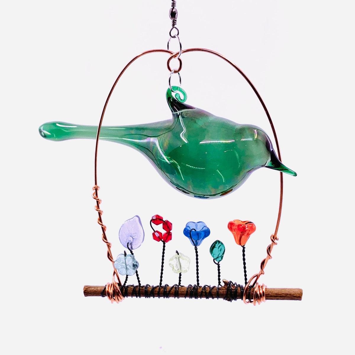 Hand Blown Glass Bird Wired Flower Garden Swing 4, Green Decor Whimsical Wire and Glass 