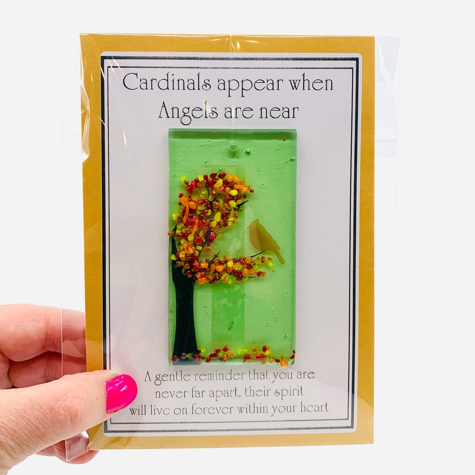 Fused Glass "Cardinals appear when Angels are near" Suncatcher 29 Decor Glimmer Glass Gifts 