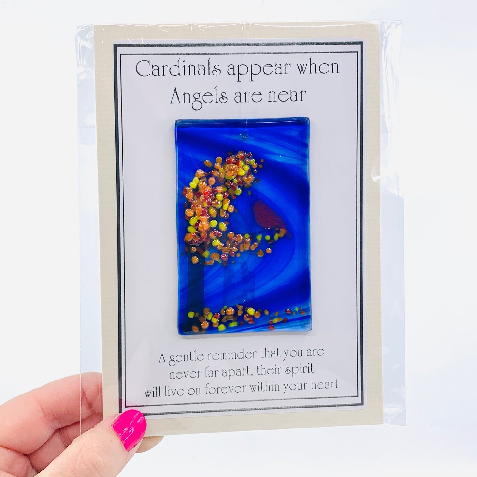 Fused Glass "Cardinals appear when Angels are near" Suncatcher 18 Decor Glimmer Glass Gifts 