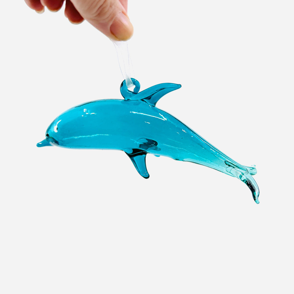 Ribbon Glass Ornament 27, Teal Dolphin Beachcombers 