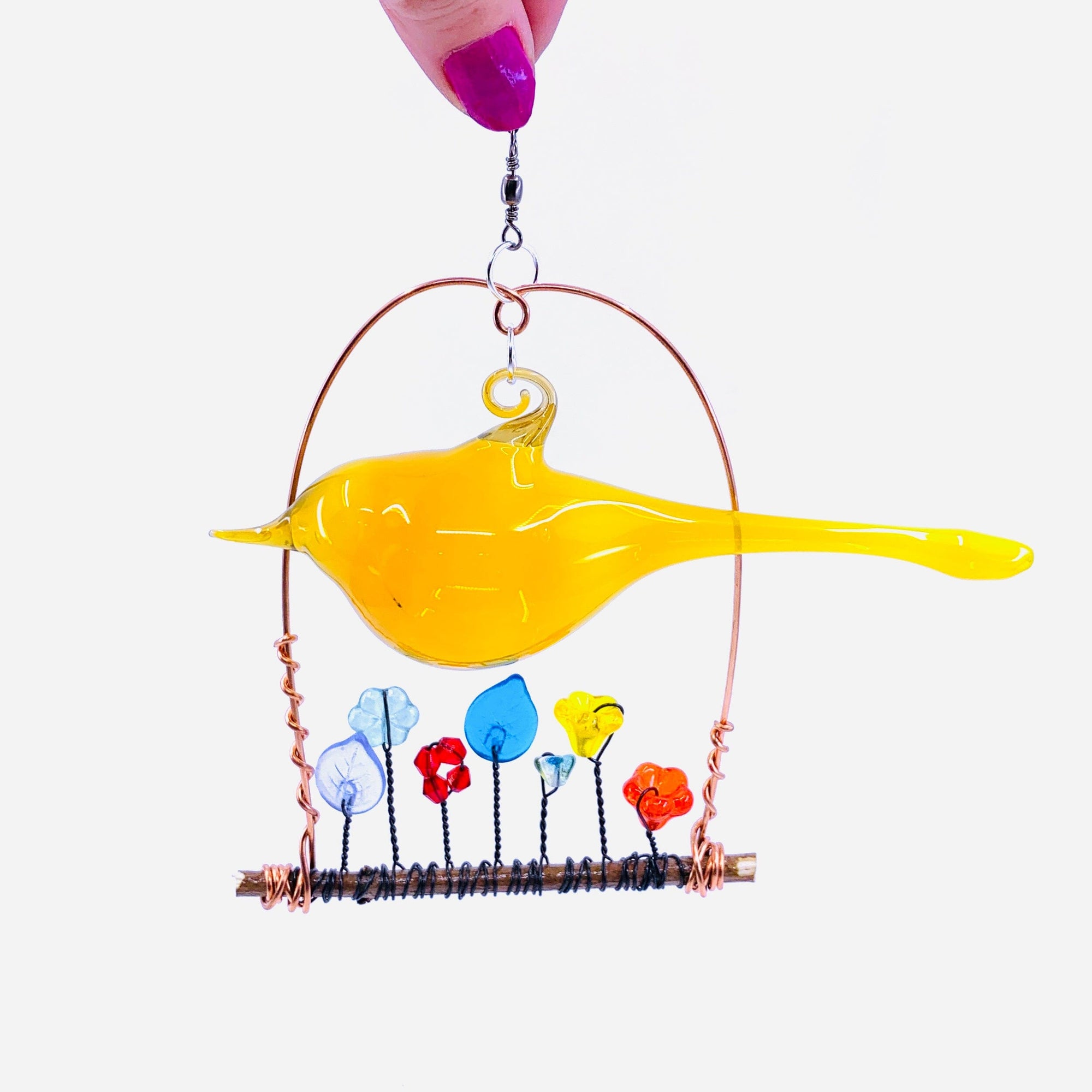 Hand Blown Glass Bird Wired Flower Garden Swing 3, Yellow Decor Whimsical Wire and Glass 