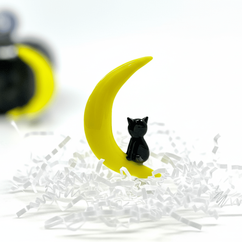 Glass Cat on Crescent Moon Figurine Miniature - 