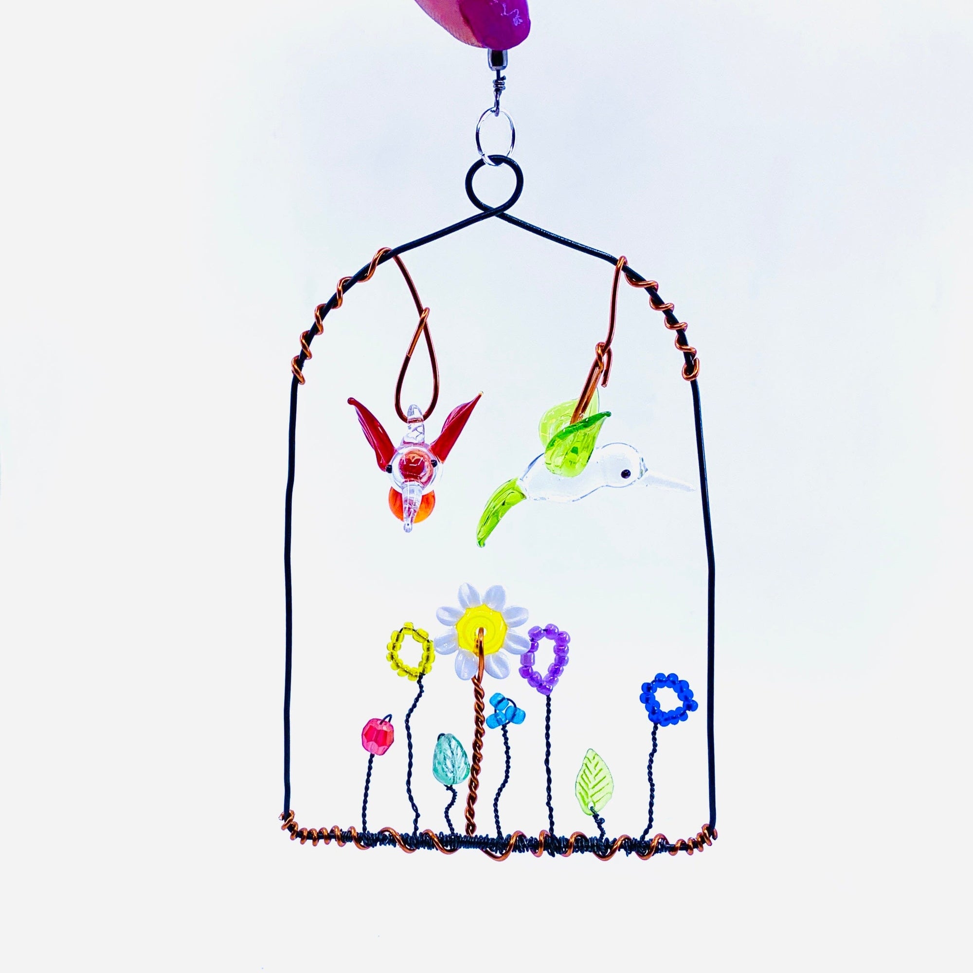 Glass Humming Birds in Wired Flower Garden, 1 Decor Whimsical Wire and Glass 