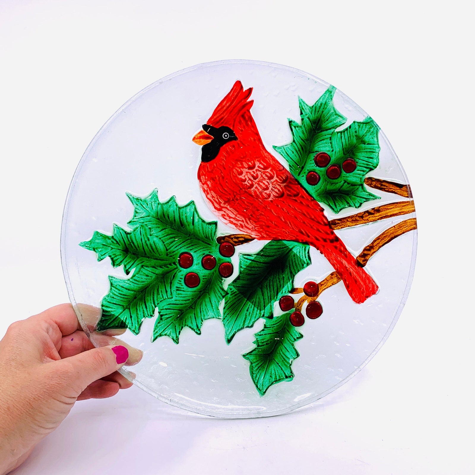 Glass Fusion Platter, Cardinal on Holly 47 Decor Transpac 