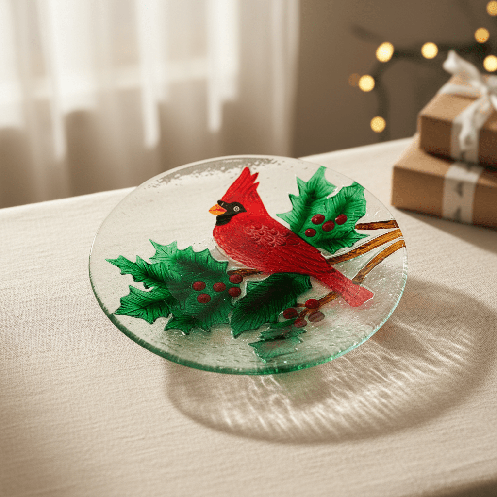 Glass Fusion Platter, Cardinal on Holly 47 Decor Transpac 