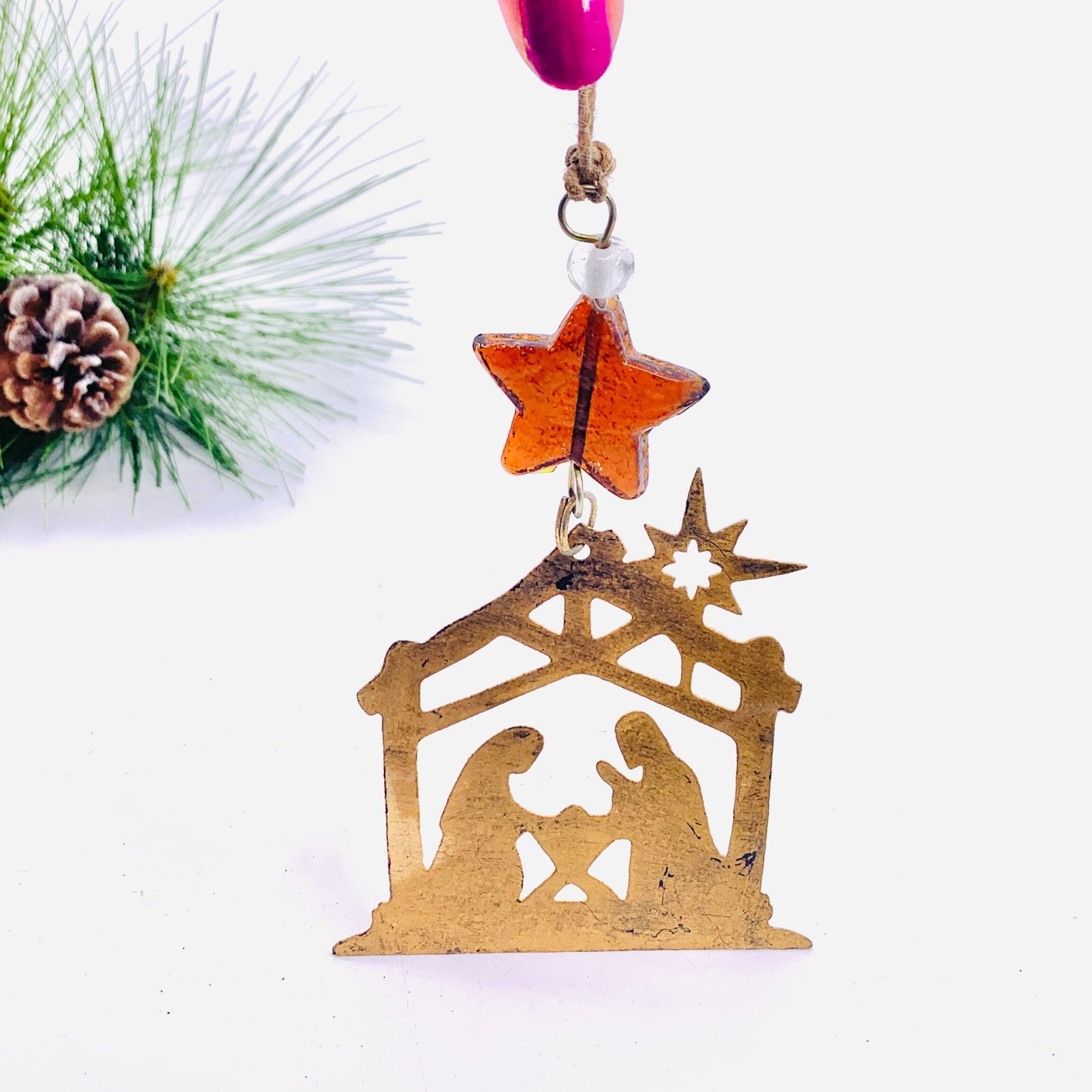 Metal Nativity Ornament with Glass Star Ornament GANZ 