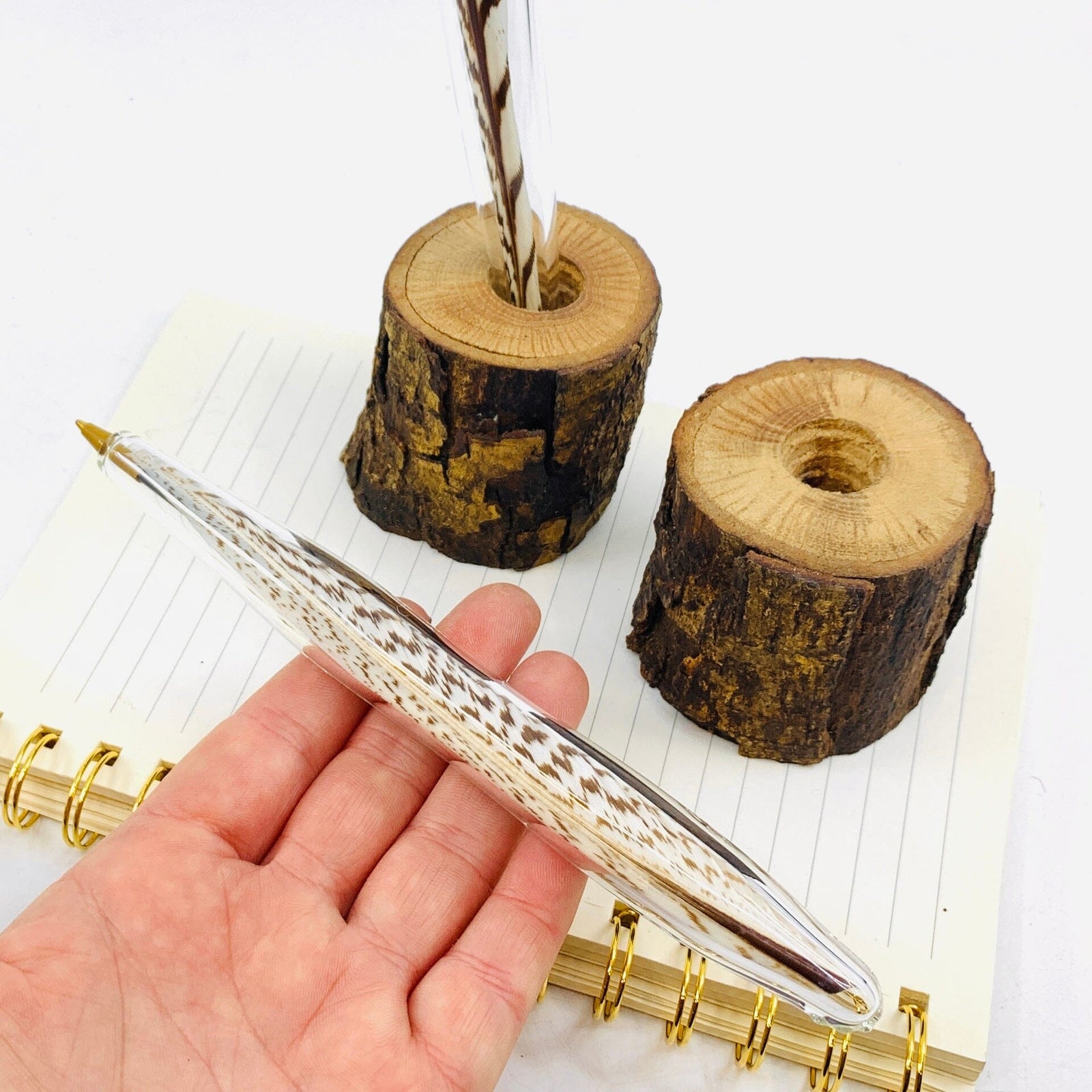 Handblown Glass Feather Pen, Brown White (Silver Pheasant) TriSymbolize Glass 