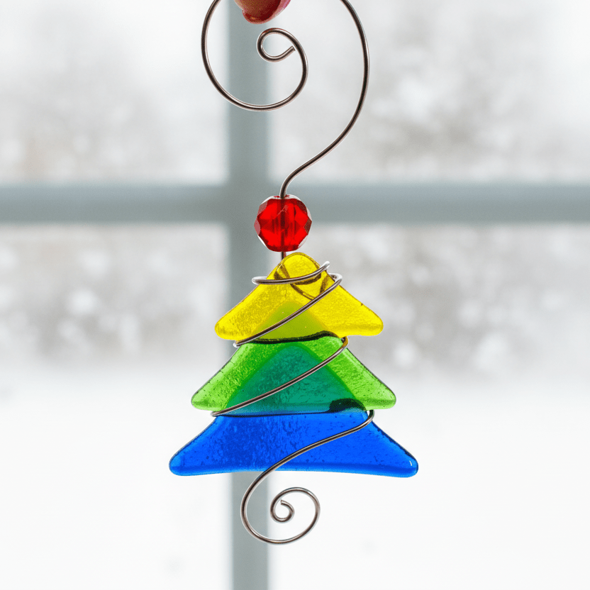 Small Fused Glass Tree, Rainbow Ornament Haywire Art 