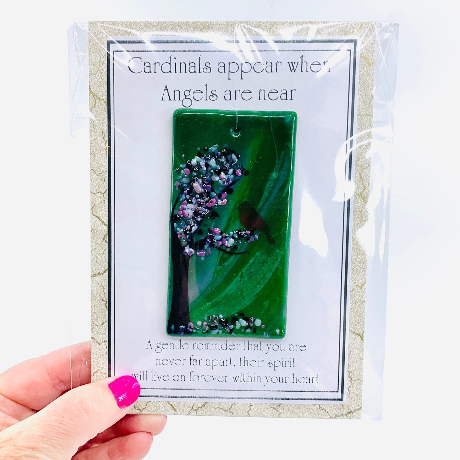 Fused Glass "Cardinals appear when Angels are near" Suncatcher 41 Decor Glimmer Glass Gifts 