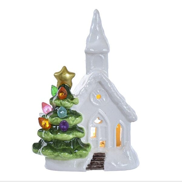 Ceramic Light-Up Holiday Tree and Church GANZ 