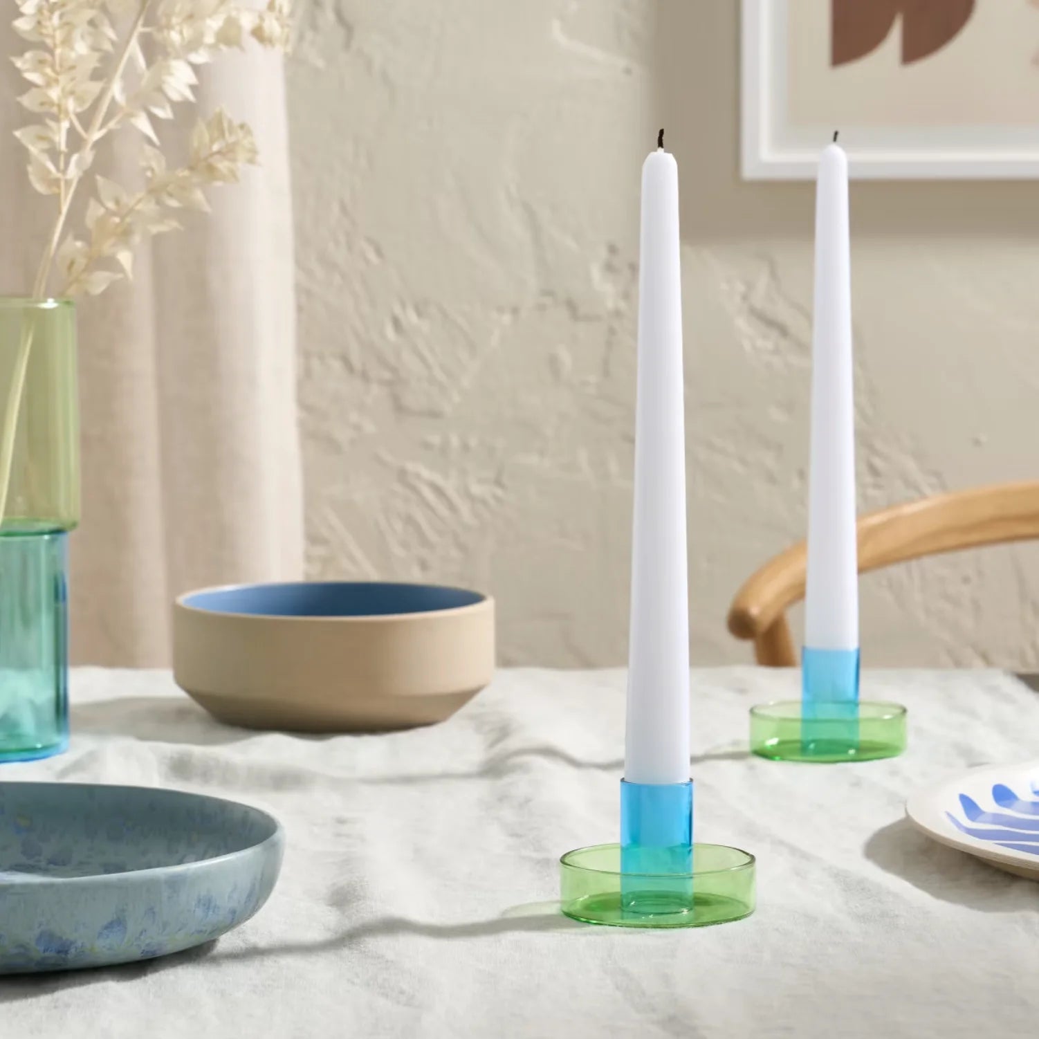 Dual Color Glass Candle Holder, Green/Blue Block Design 