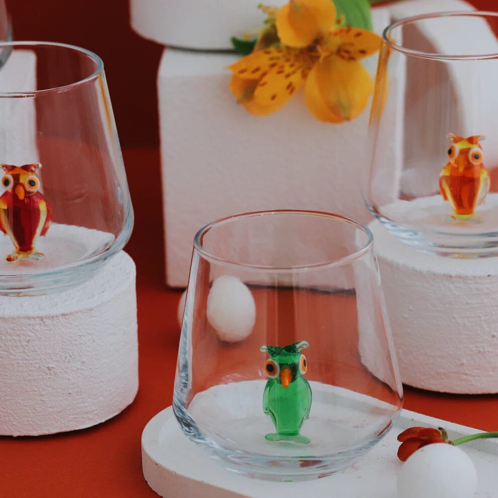 Tiny Animal Wine Glass, Green Owl Decor MiniZoo 