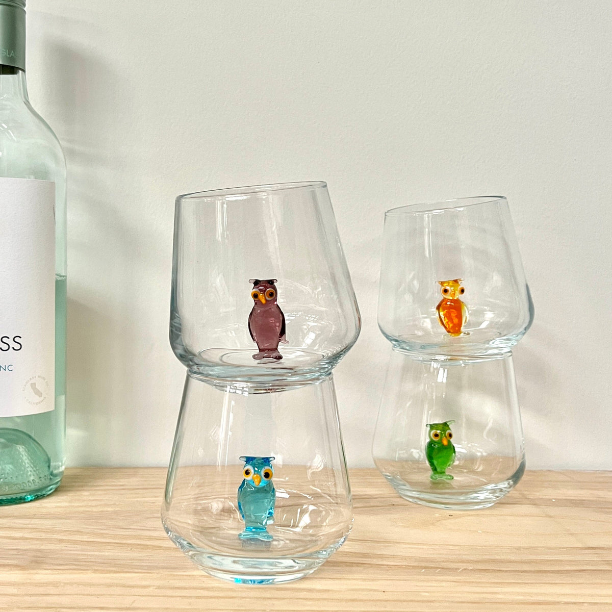Tiny Animal Wine Glass, Teal Owl Decor MiniZoo 