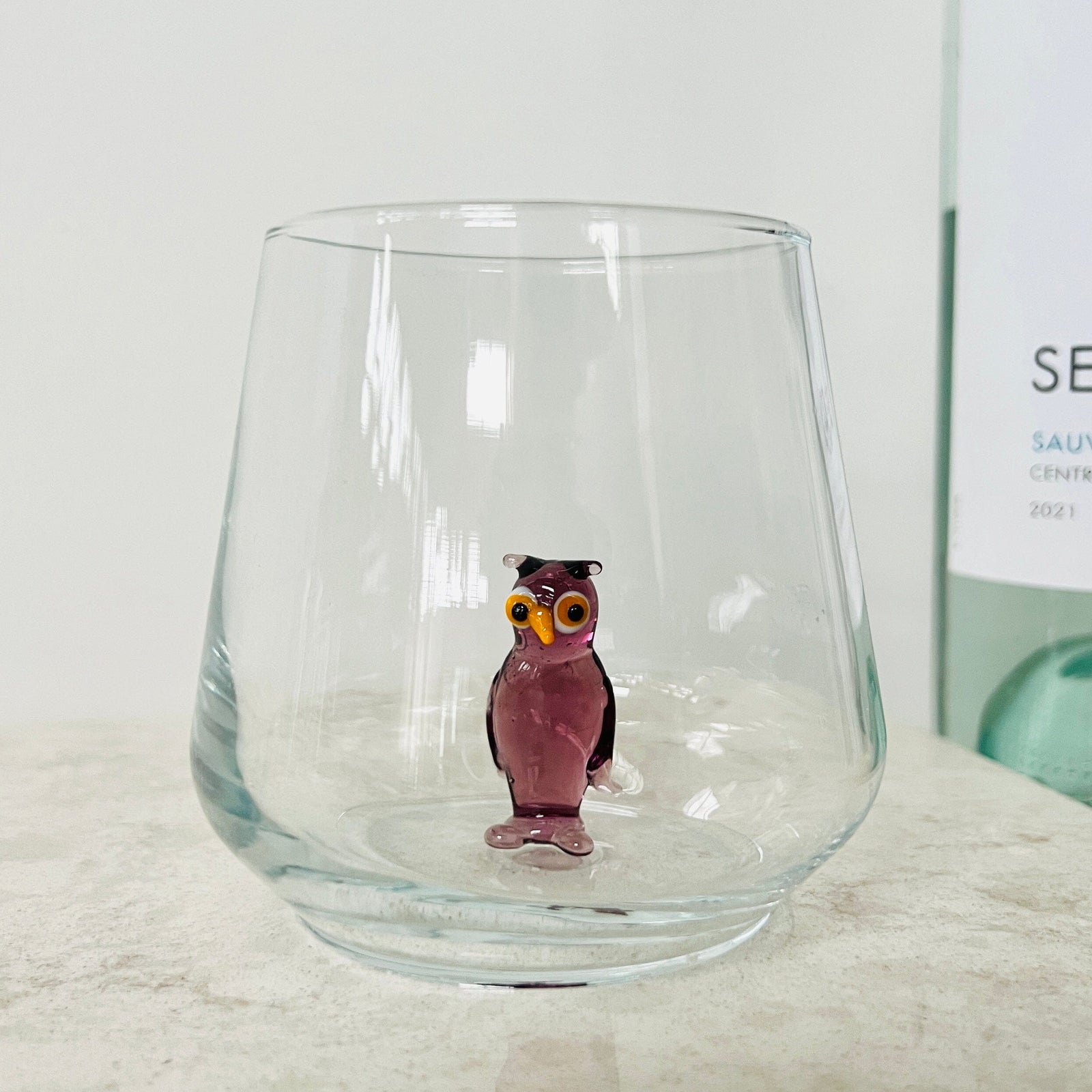 Tiny Animal Wine Glass, Purple Owl Decor MiniZoo 
