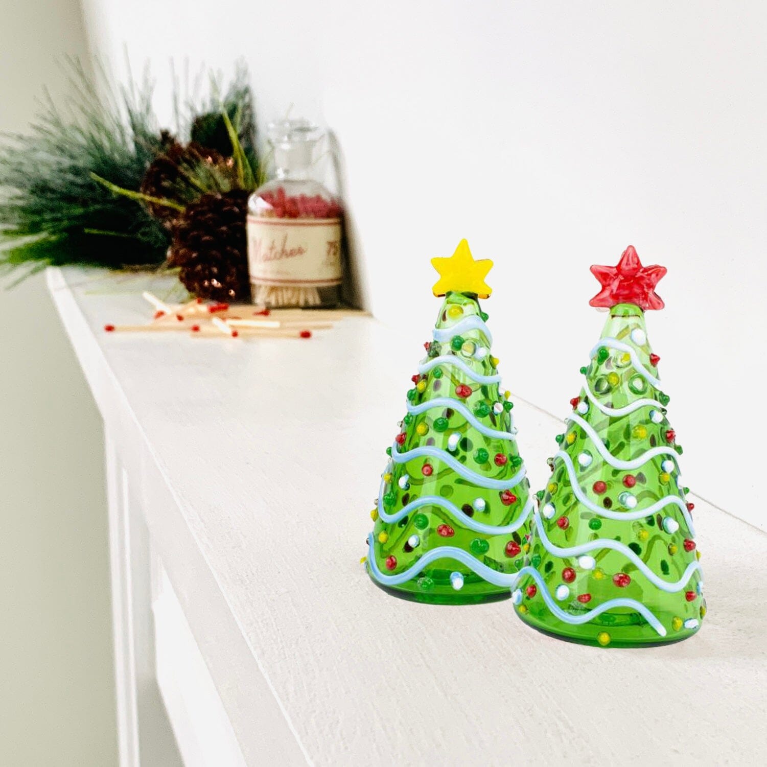 Blown Glass Salt and Pepper Shakers, GREEN Trees Decor Gift Essentials 