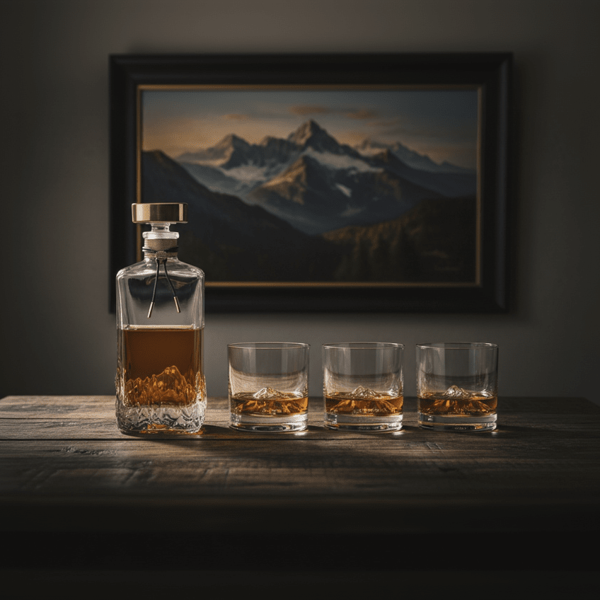 The American Peaks Whiskey Glass and Decanter Set Decor DKK Brands 