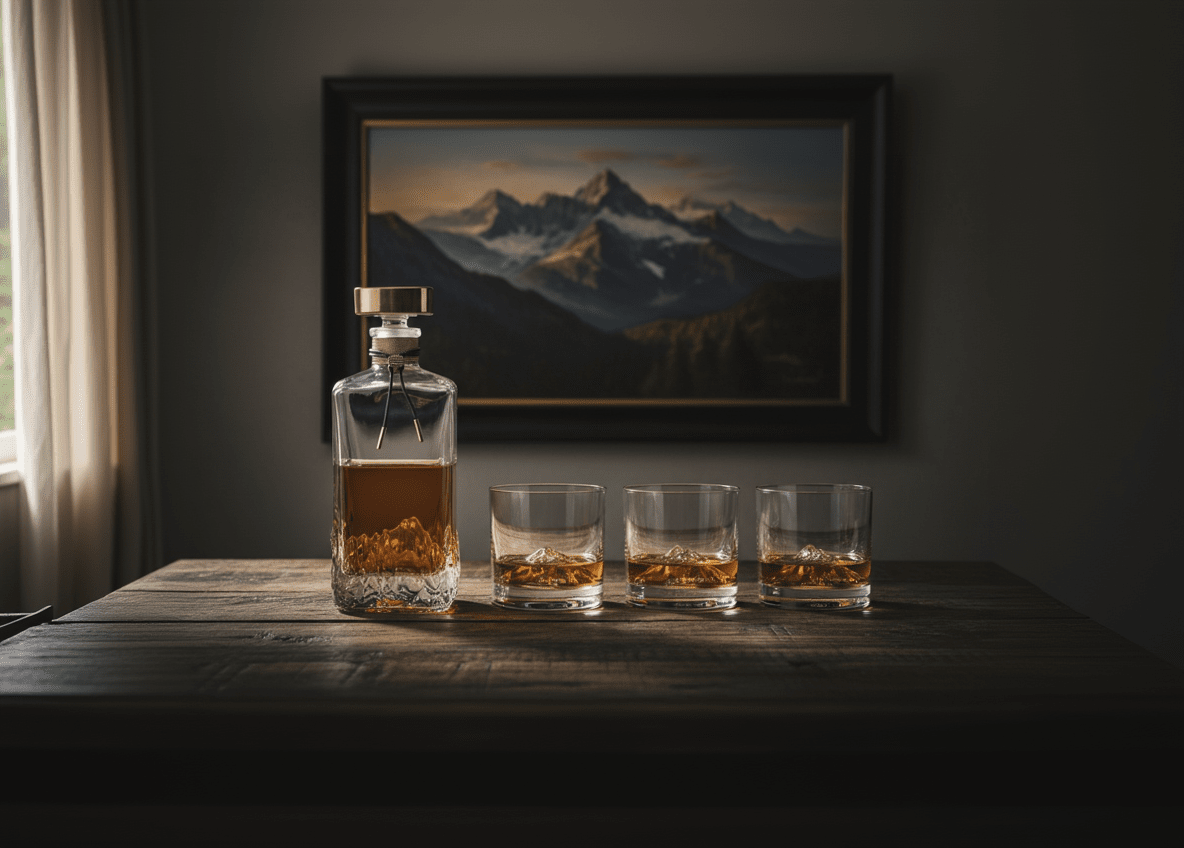 The American Peaks Whiskey Glass and Decanter Set Decor DKK Brands 