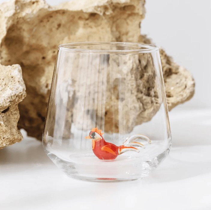 Tiny Animal Wine Glass, Rooster Decor MiniZoo 