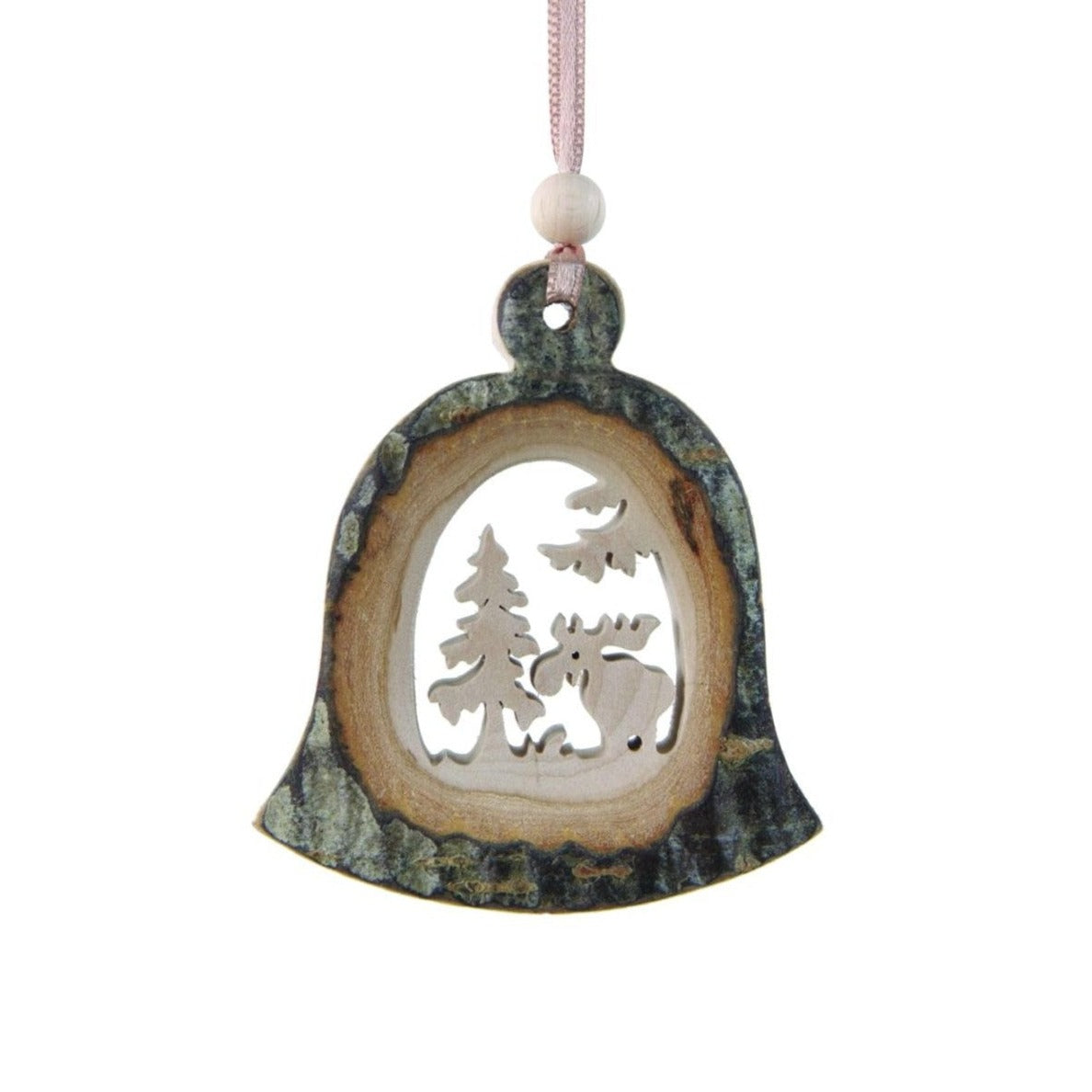 Hand Carved Bell Ornament with Woodland Scene 5