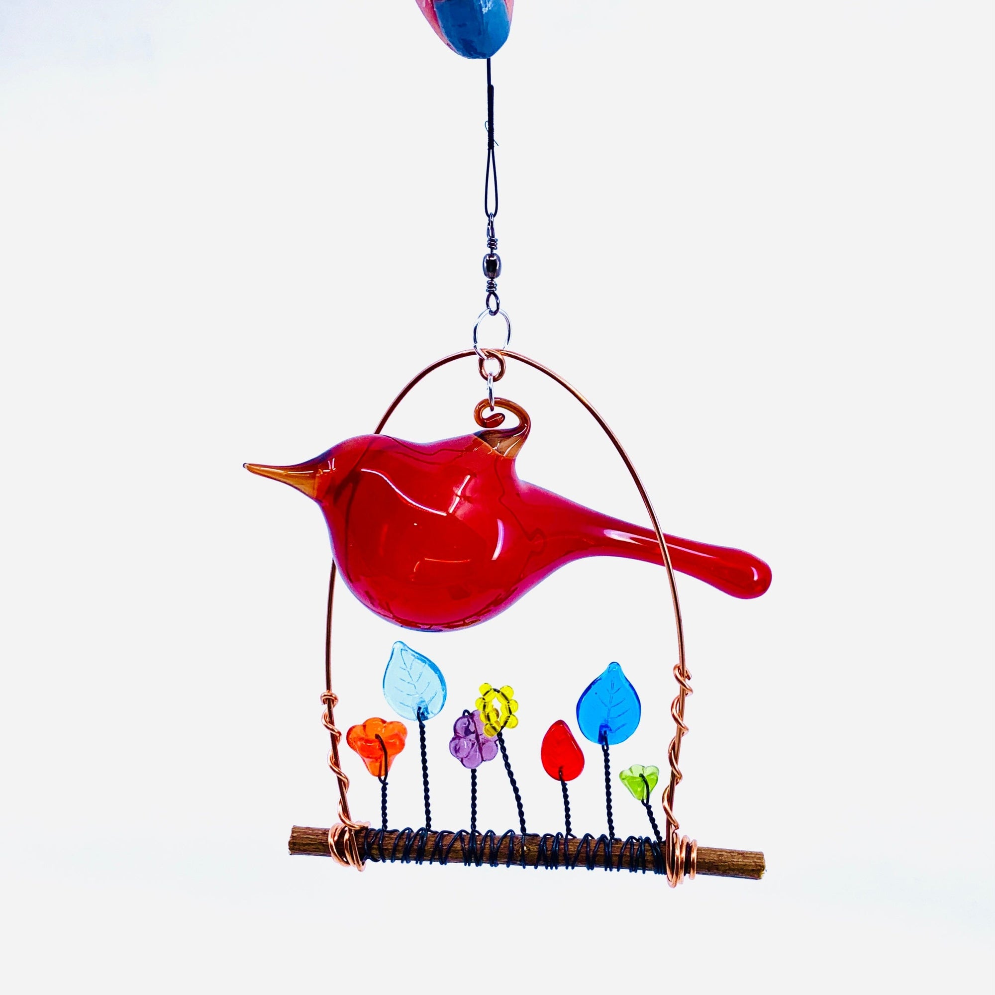 Hand Blown Glass Bird Wired Flower Garden Swing 1, Red Decor Whimsical Wire and Glass 
