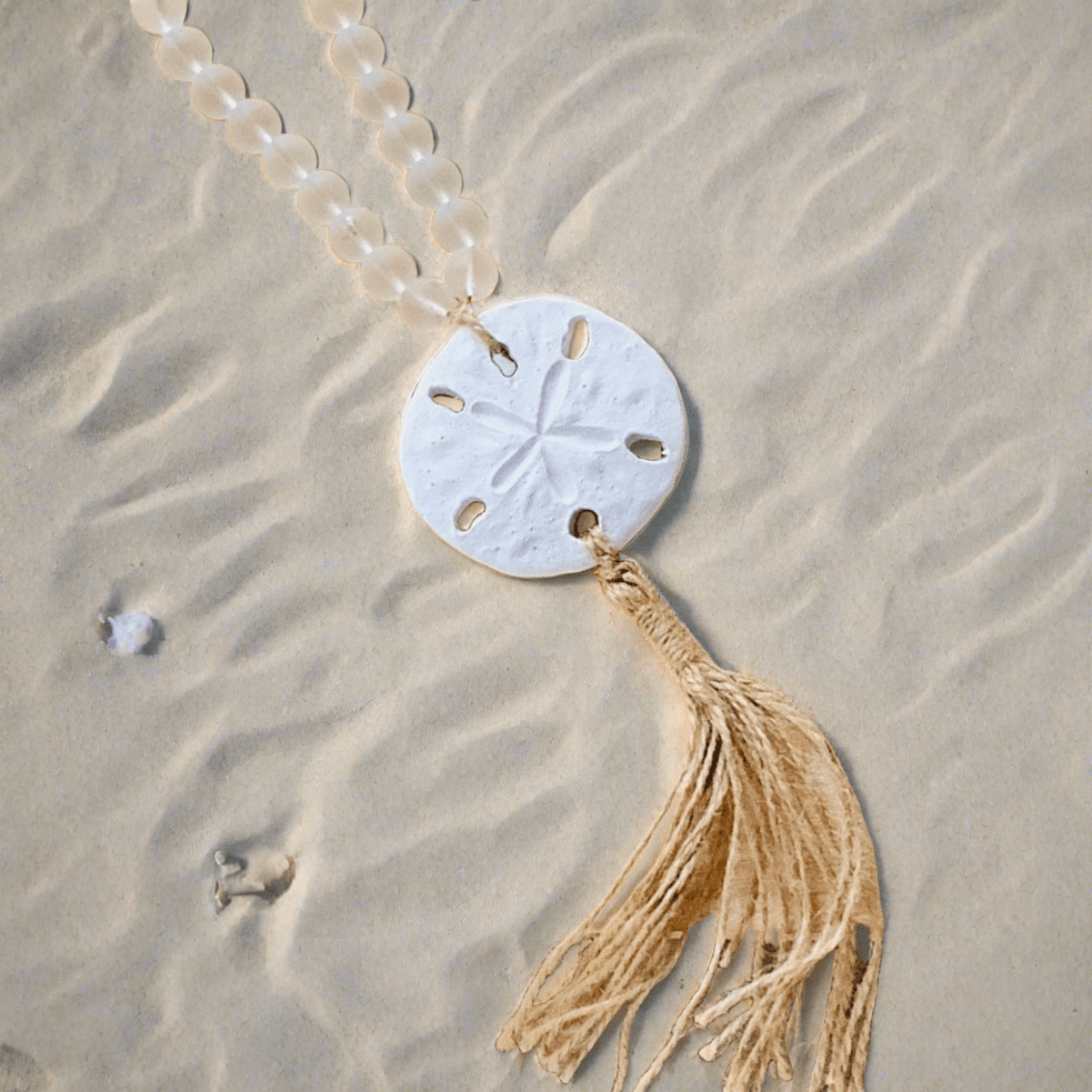 Sand Dollar Glass Beaded Tassle, White Ornament GANZ 